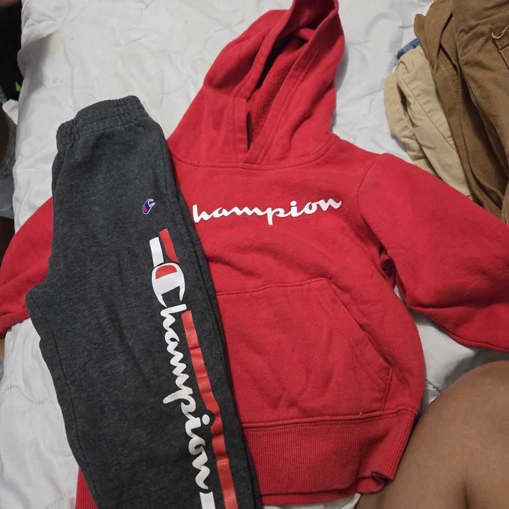 Champion Red Hoodie and Dark Gray Joggers